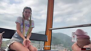 public dick flashing with brunette pigtails girl handjob blowjob cum swallow on ferris wheel