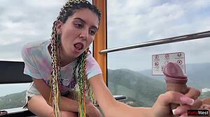public dick flashing with brunette pigtails girl handjob blowjob cum swallow on ferris wheel