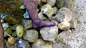 german amateur big ass and tits in black pantyhose for outdoor public nylon fetish solo