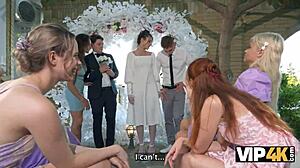Russian bride in wedding dress and stockings gets hard anal fucking with creampie while old cuckold husband and guests watch outdoors