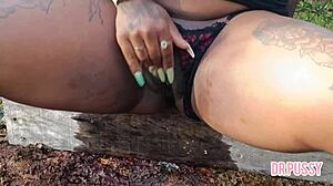 several squirts alone in park with wet pussy thinking about cock fucking