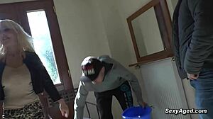 Workers double penetration bang busty blonde mature lady in french european gangbang