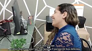 Colombian cougar passionately licks boss's cock in homemade video, moaning in orgasmic bliss.