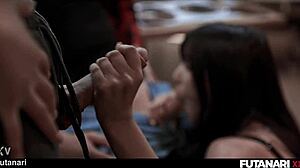 एशियन बेब को हॉर्नी शीमेल्स के रफ फुता थ्रीसम में क्रीमपाई फेशियल