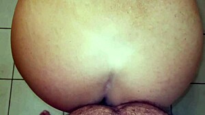 Blonde housewife gets creampied in bathroom doggystyle. She pisses after the homemade orgasm.