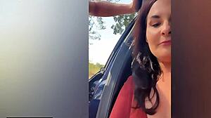 Brunette Latina milf with big natural tits and big ass deepthroats huge cock in car. She gets doggystyle fucked with gaping and swallows cum in homemade pov quickie.