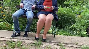 This curvy bbw cougar flashed her big ass and saggy tits in public park. She teased with wet pussy under skirt outdoors.