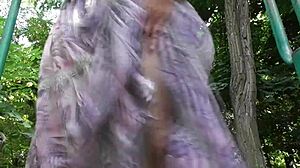 Do you like watching a hairy mature woman flash her pussy in this transparent dress outdoors?