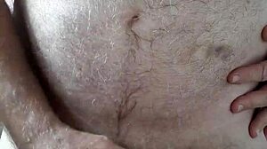 Happy hairy big belly mature man masturbates solo at home
