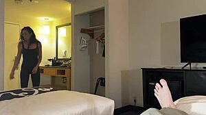 Naughty stepmom Candice gives quick blowjob to stepson with cumshot in bedroom