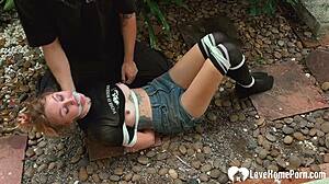 Sexy Vixen Bound Outdoors Tickled Hard Begging for Intense Fetish Action in Garden