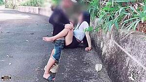 i watched as student fucks girlfriend on show in the park with rough doggystyle creampie in public outdoor hospital setting.