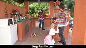 Fucking my petite 18+ stepsister while stepdad is blindfolded in orgy with deepthroat doggystyle riding.