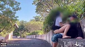 i watched as student fucks girlfriend on show in the park with rough doggystyle creampie in public outdoor hospital setting.