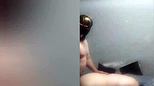 Step Mom Startled by Masked Step Son in Comedic Face-Off and Playful Encounter