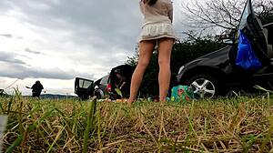 look at these cute blonde and redhead girls flashing no panties outdoors in lingerie, short summer dresses, and miniskirts!