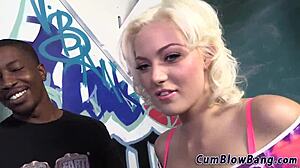 Blonde Blowbang Action with Deepthroat Sucking and Cum Bukkake Facial in Interracial Gangbang Group