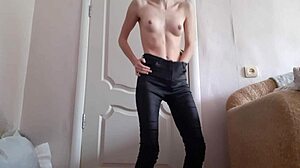 why is this skinny girl getting off in those tight leather pants?