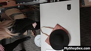 the shoplifting grandmother and her teen 18+ suspect got caught by police in the office. both faced punishment with hardcore domination including cowgirl riding and doggystyle in the garage.