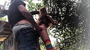 Outdoor public anal assfucking contrasts with ruivinha sex toy in quintal