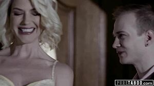 hey, why's this spineless cuckold just watching his new milf wife fuck her stepson in rough doggystyle? pure taboo blonde femdom action!