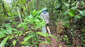 Thai babe in costume moans loud while pissing in forest garden! Outdoor roleplay with cute girlfriend turns rough!!