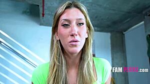 Petite blonde teen takes study break. She rides step brother's cock in cowgirl pov style.