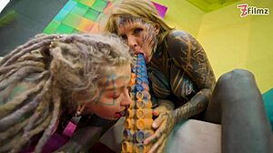 Dialogic-Provocative split tongue lesbians, how do tattooed goth girls explore anal atm adventures with toys and cunilingus?