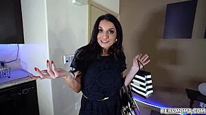 Horny brunette stepmom deepthroats and gives handjob to stepson's monster cock in intense sucking session.