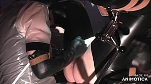 Rubbernurse Agnes wears transparent nurse dress with blowjob mask for prostate massage