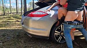 Caught fucking in forest with big tits babe bent over. Daddy drills mommy outdoors in quickie session with cum covered orgasm.