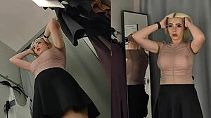 Upskirt view of naked blonde with big tits