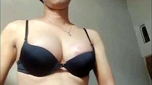 why's this amateur shemale in black bra and stockings cumming on a handkerchief