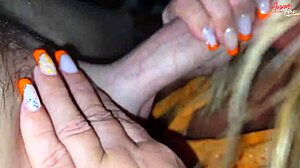 Blonde Milf with Big Ass Gives Footjob in Heels to Huge Dick Bigger Than Husbands