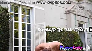 Excited brunette teen Skye Fires strips lingerie outdoors for Playboy. She reveals big boobs and shaved pussy in softcore tease.