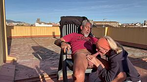 On the community terrace, i casually suck my neighbor's cock. then i swallow his cum in this amateur homemade adventure.