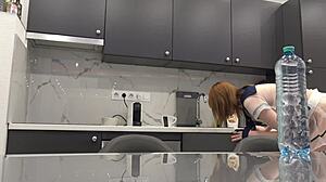 hot tight pussy tall latvian sexy redhead lilly, show me your beautiful ass and tits in that transparent miniskirt and see through top in the kitchen