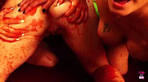 these three super nasty lesbian sluts wrestled in jelly pool, kissing and licking big tits by the water.