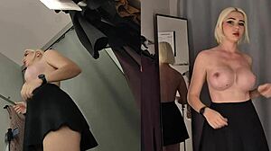 Upskirt view of naked blonde with big tits