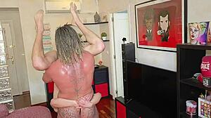 hey, check out this muscular milf lifting, carrying, and fucking a young guy hard