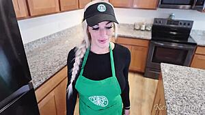 This busty Starbucks barista blonde is squirting all over my BBC and swallowing cum during her shift in costume.