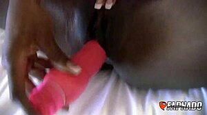 hey, check this black babe with long hair and piercings doing her early morning solo with that huge pink dildo in pov 😍