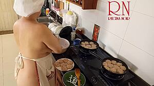 So this nudist housewife Regina Noir is cooking naked in the kitchen like a maid for voyeur fun.