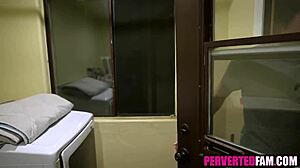 The horny step brother wanted to fuck his tattooed teen sister one more time in the bathroom, sucking his cock until cumshot.