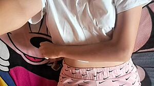 Colombian latina in bunny costume uses dildo for intense orgasm while dirty talking on bed as hot solo housewife