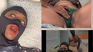 That ebony girl's squirting while watching xvideos, eyes rolling in wild orgasm