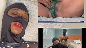 That ebony girl's squirting while watching xvideos, eyes rolling in wild orgasm