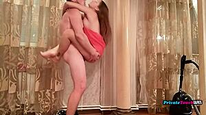 sexy blonde russian stepsister starts with deepthroat blowjob on couple's homemade video. she rides tight wet pussy to passionate fucking climax.