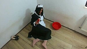 Nymphomaniac maid knows how to suck cock and fuck in lingerie with cum swallow