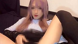 pink-haired crossdresser shoves vibe up ass for hot solo play?